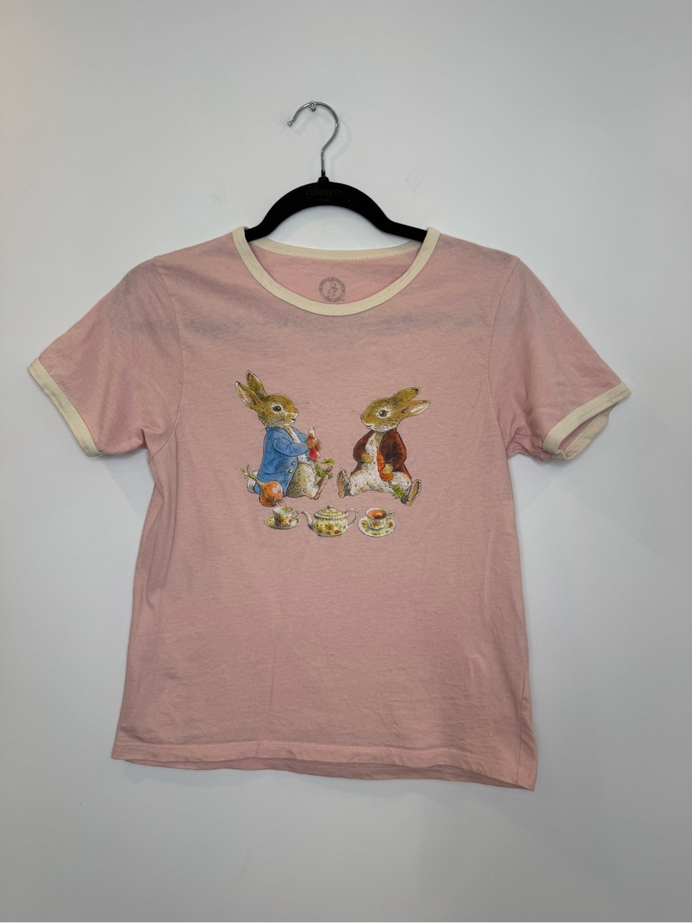 Beatrix Potter Pink Peter Rabbit Bunny Tea Party Ringer T-Shirt sz large